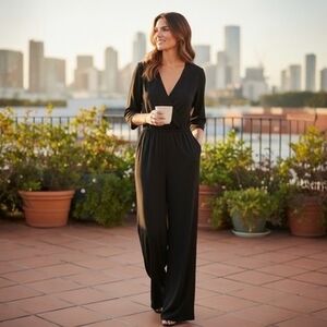 Boston Proper Black V-Neck Wide Leg Jumpsuit Romper Women's Size S